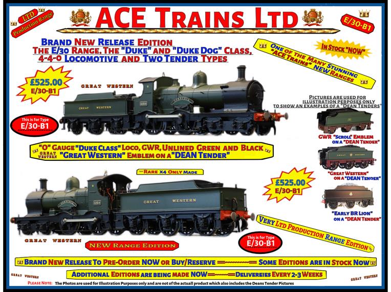 Ace Trains O Gauge E/30-B1 "Duke" Class Great Western 4-4-0 Loco & Dean Tender UnLined Green & Black image 1