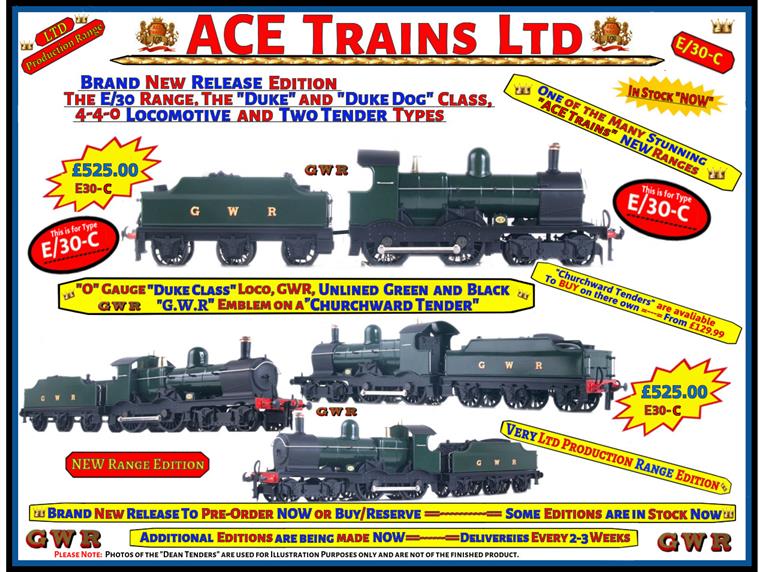 Ace Trains O Gauge E/30-C "Duke" Class G.W.R 4-4-0 Loco & C/Ward Tender Un-Lined Green & Black image 1