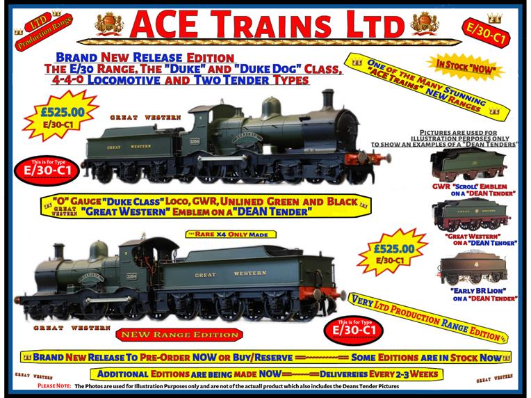 Ace Trains O Gauge E/30-C1 "Duke" Class G.W.R 4-4-0 Loco & Dean Tender Un-Lined Green & Black image 1