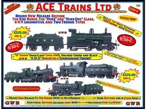 Ace Trains O Gauge E/30-C "Duke" Class G.W.R 4-4-0 Loco & C/Ward Tender Un-Lined Green & Black